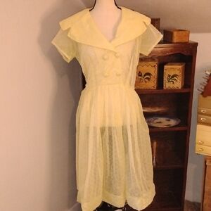 Vintage 1950s/60s Soft Yellow Sheer Midi Dress Side Zip Delicate Flower Motiff